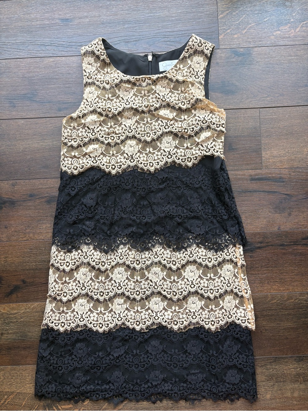 Sleeveless Black and Gold Lace Sheath Dress